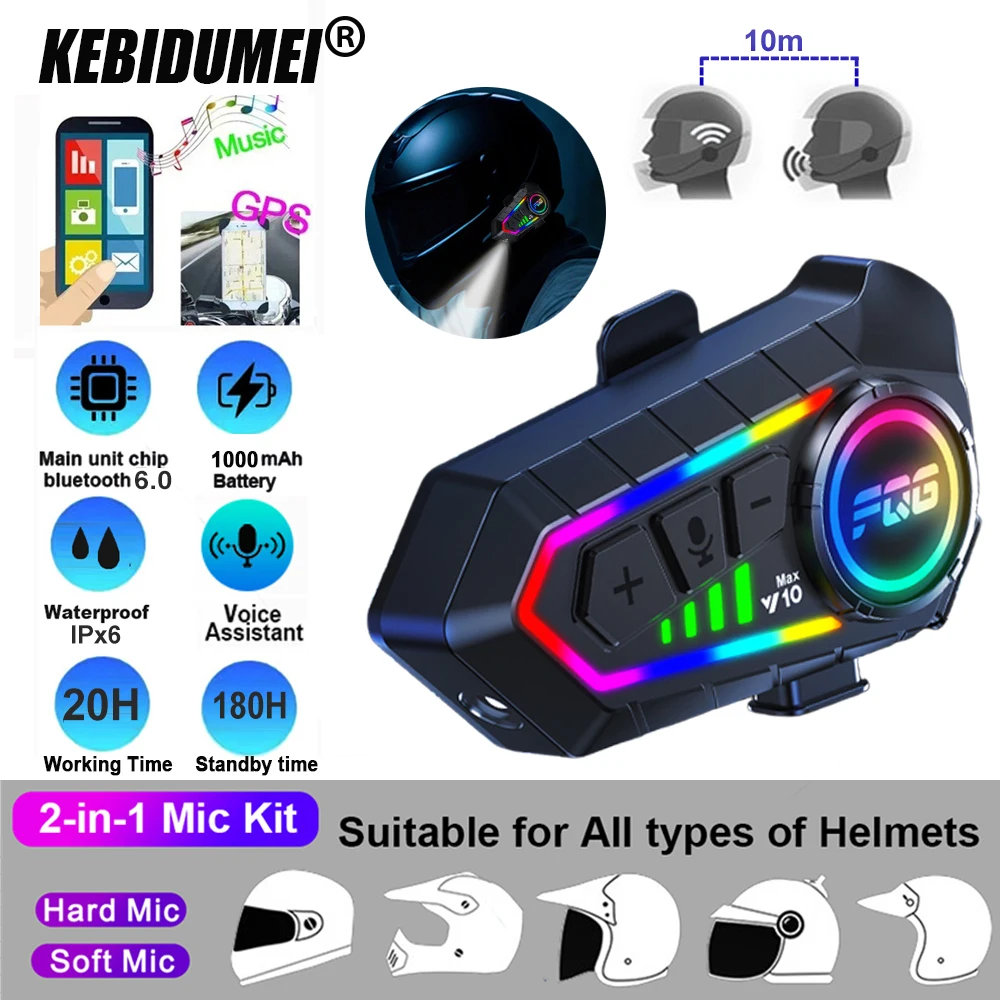 

2-Rider 10m Motorcycle Helmet Intercom Headset Voice Control IPX6 Waterproof Bluetooth Earphone with RGB & LED Flash Light