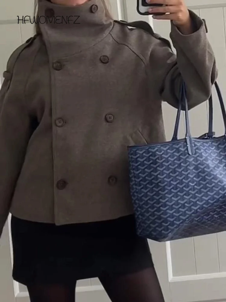 Abrigos de lana lisos elegantes para mujer, chaquetas holgadas de manga larga con doble botonadura y cuello levantado, prendas de vestir para mujer de otoño 2025
