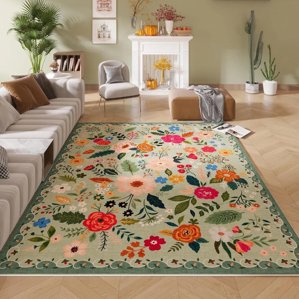 

Living Room Rug Machine Washable Boho Area Rug Non Slip Floral Vintage Low Pile Large Rug for Living Room, Bedroom