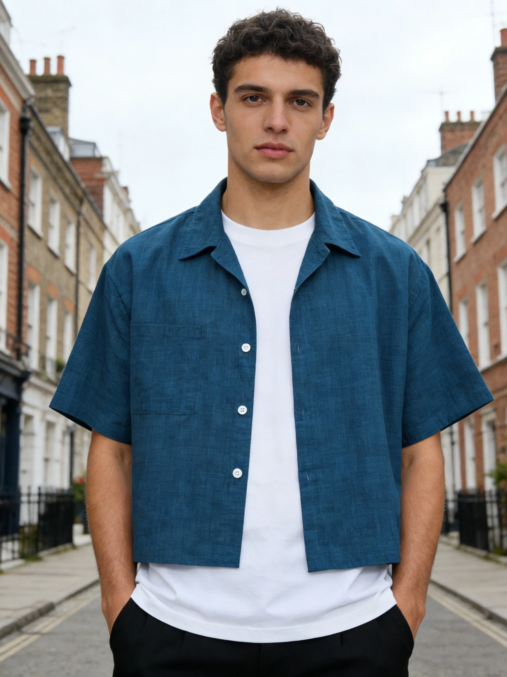 Men's Cropped Short Sleeve Button Down Shirt Boxy Fit Casual Summer Beach Vacation Top
