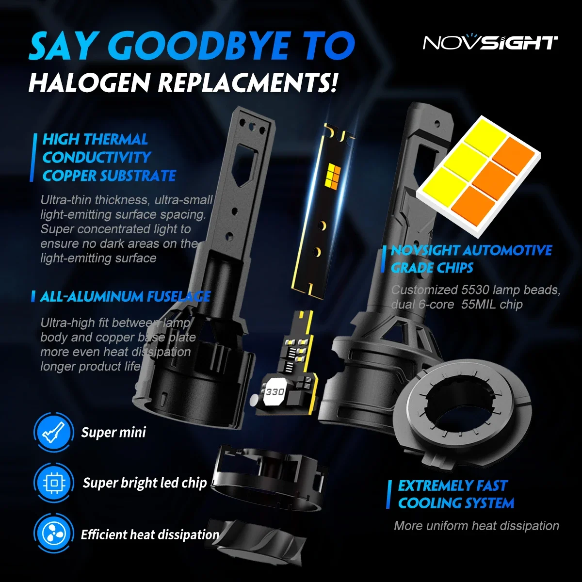 NOVSIGHT H7 LED H4 H11 H8 H9 9005 HB3 9006 HB4 9012 Car Headlight Bulbs 6500K 4300K 3000K 3 Color Headlight 60W 13000LM Car Lamp