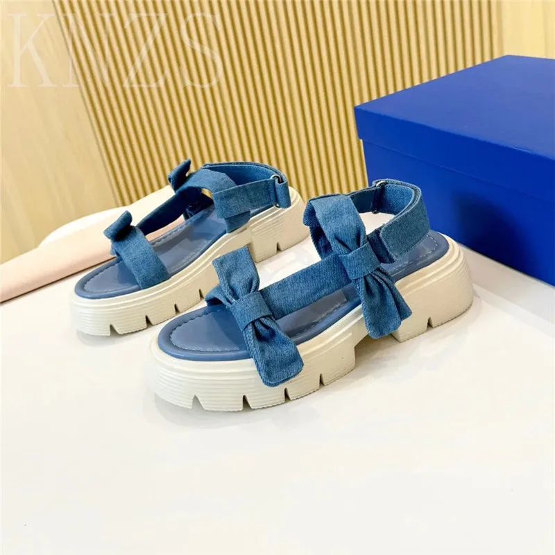 

Summer New Round Toe Denim Chunky Heels Sandals Woman Butterfly-knot Decor Open-Toes Thick Sole Casual Beach Sandals Women 2024