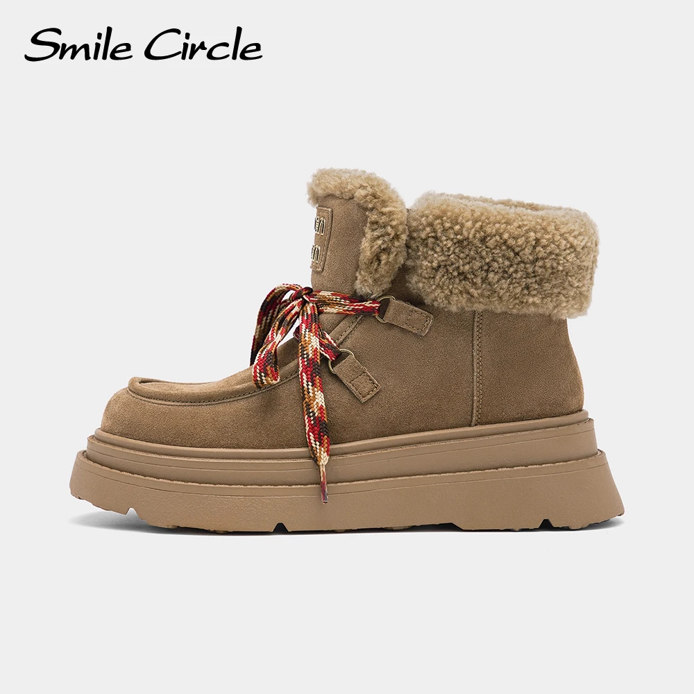 Smile Circle Women Snow Boots Wool Suede Leather Winter Boots Warming Lace up Casual Chunky Boots