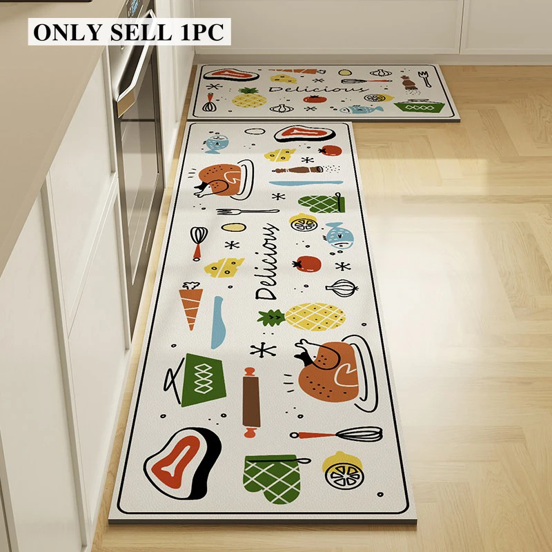 Kitchen Floor Mat Pvc Leather Waterproof Carpet Long Non-slip Oil-proof Carpets Vegetable Tableware Pattern Home Decoration Rug