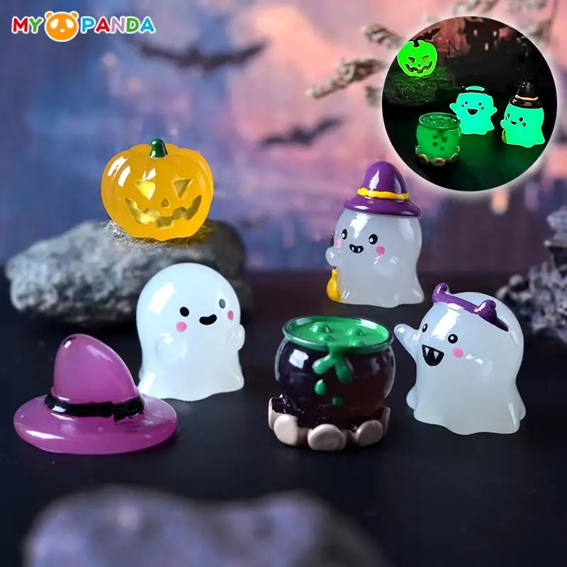 6Pcs/set Luminous Halloween Ornament Cartoon Wizard Pumpkin Potion Ghost Doll Micro Landscape Dollhouse Halloween Scene Decor