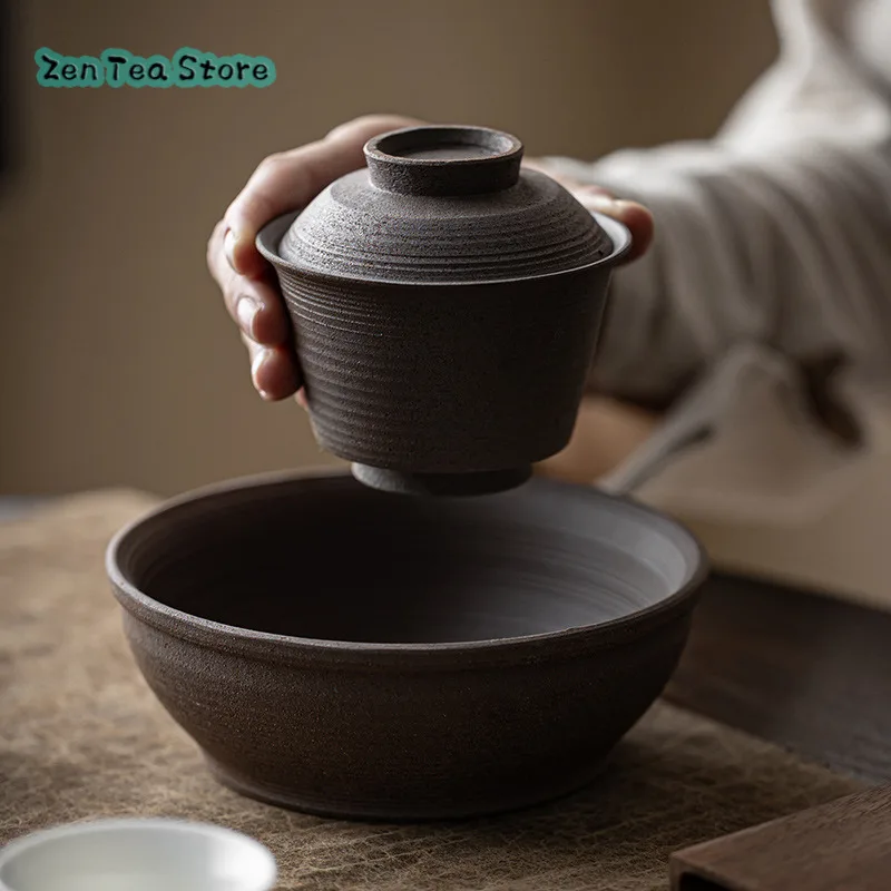 Rock Mud Hand Made To Huai Lid Bowl Rough Pottery Home Hospitality Tea Bowl Pot Imitation Ancient Tea Dispenser Teacups