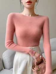 Nuevo Jersey elegante con cuello redondo para mujer, suéter ajustado, primavera Otoño, estilo Simple, Color puro, manga larga, 100% de lana merina, prendas de punto coreanas