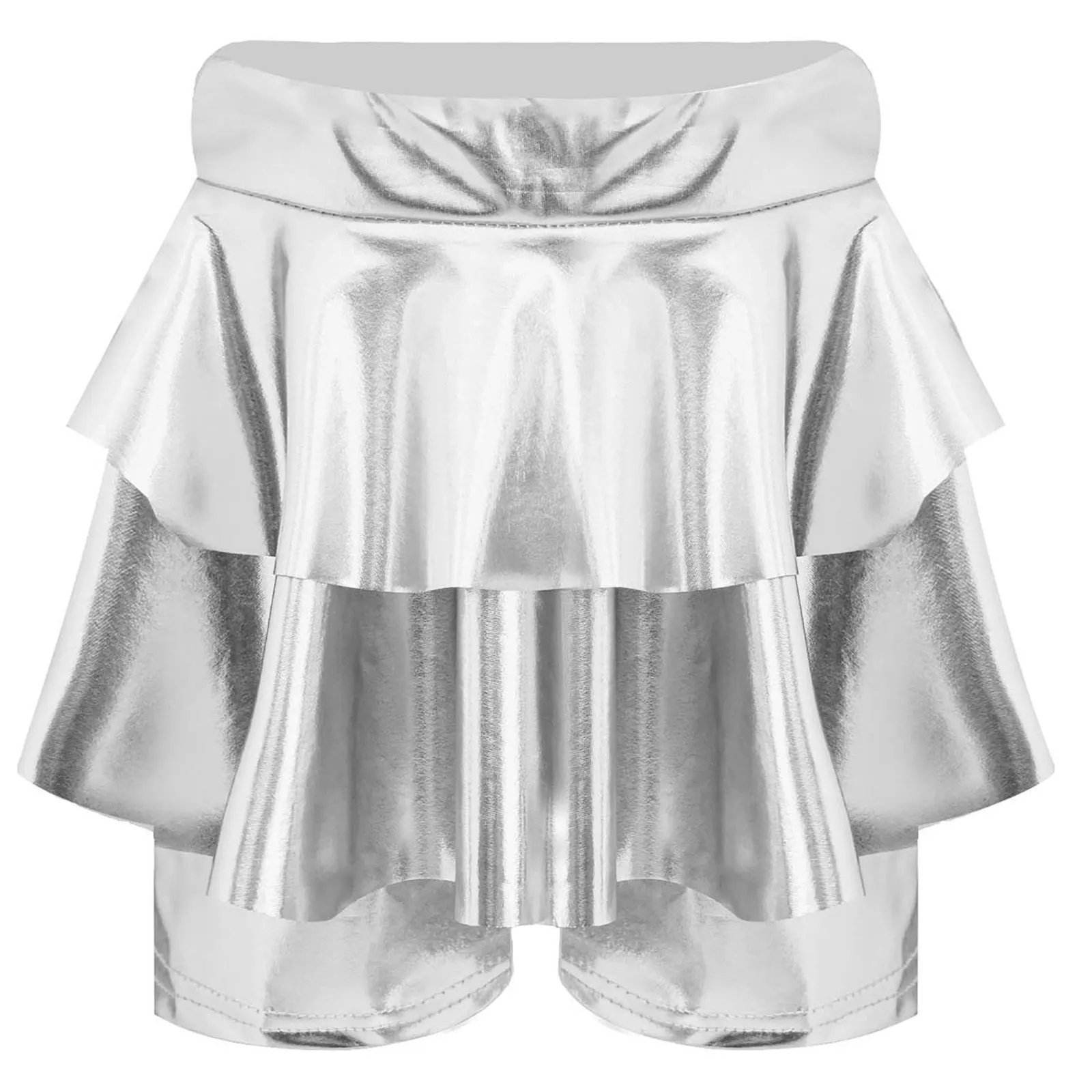 

Kids Girls Metallic Skirted Shorts High Waist Elastic Waistband Tiered Culotte for Hip hop Jazz Dance Cheerleading Performance