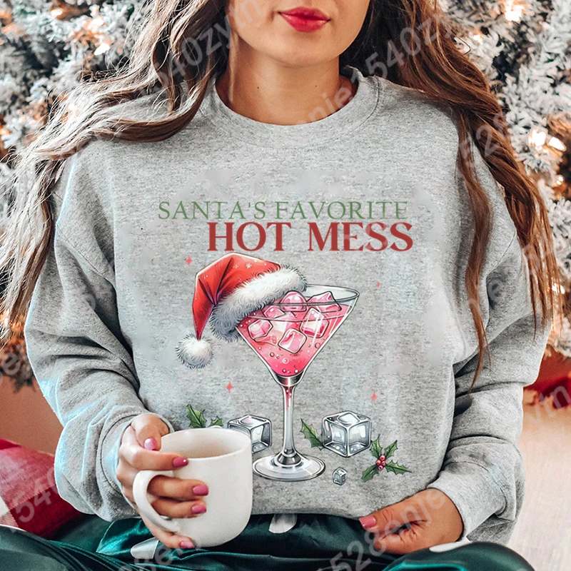 

Christmas Santa's Favorite Hot Mess Style Crew Neck Pullover Women Casual Sport Outdoor Sweatshirt Long Sleeve Hoodless Pullover