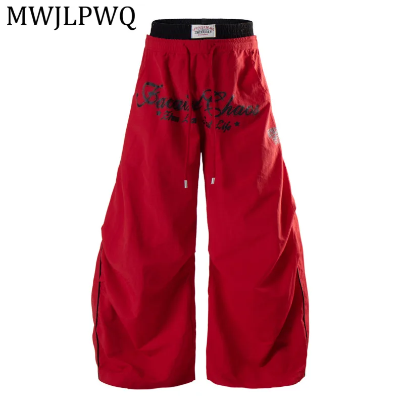 MWJLPWQ American Color-blocked Double-waistband Casual Pants Men And Women Letter-printed Lightweight Curved Hem Trousers 15982