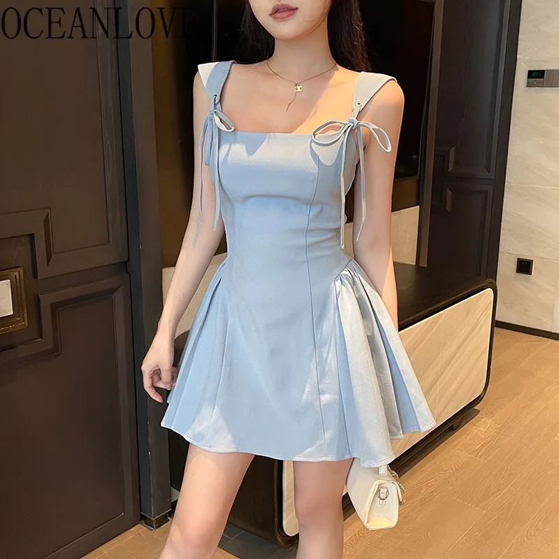 OCEANLOVE A-line Pricess Mini Dresses Birthday Party Sweet Solid Spring Summer Vestidos Korean Fashion Lace Up Women Dress