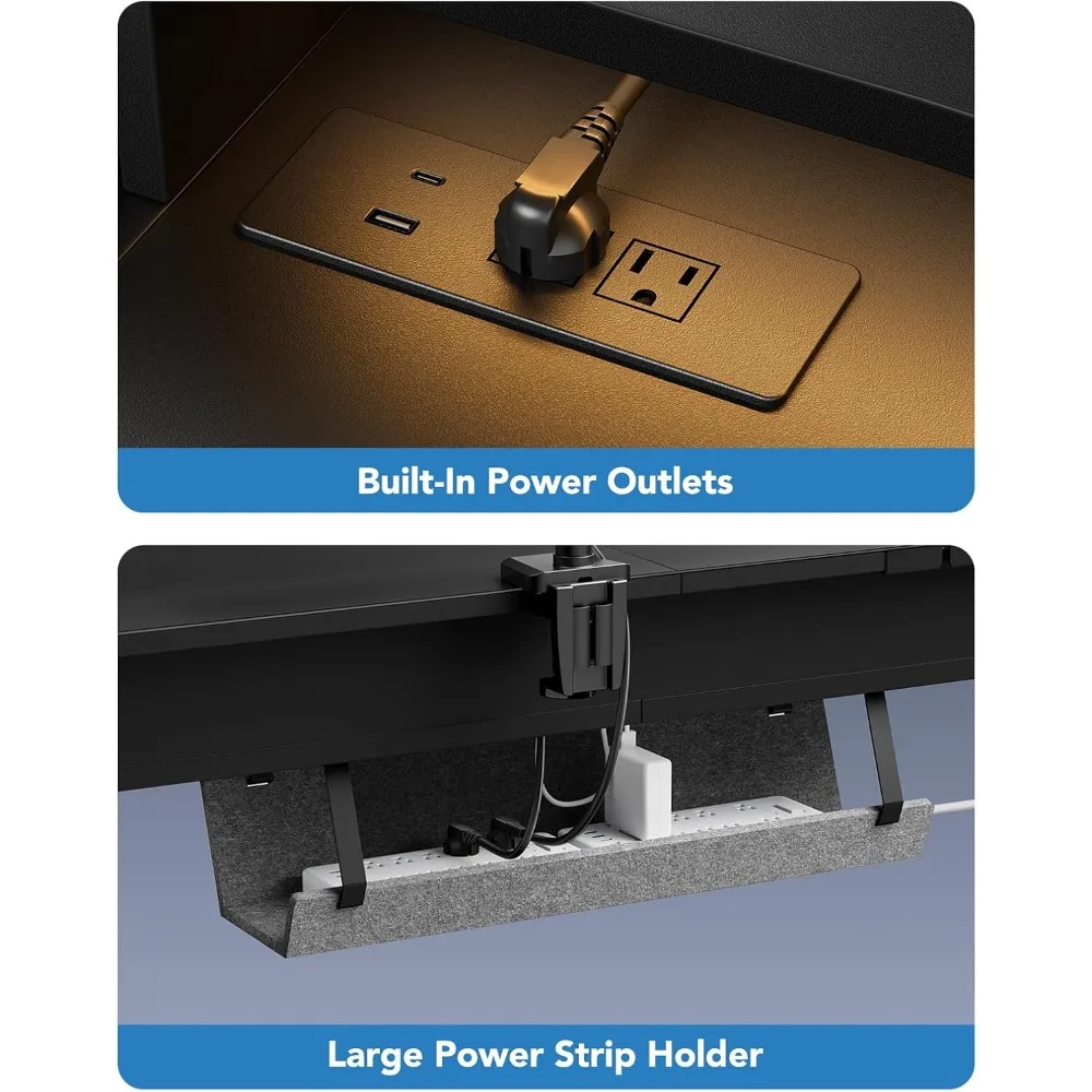مكتب قائم على شكل حرف L مقاس 65 بوصة مع منافذ طاقة وشريط LED، مكتب كمبيوتر زاوية قابل للتعديل بارتفاع كهربائي،