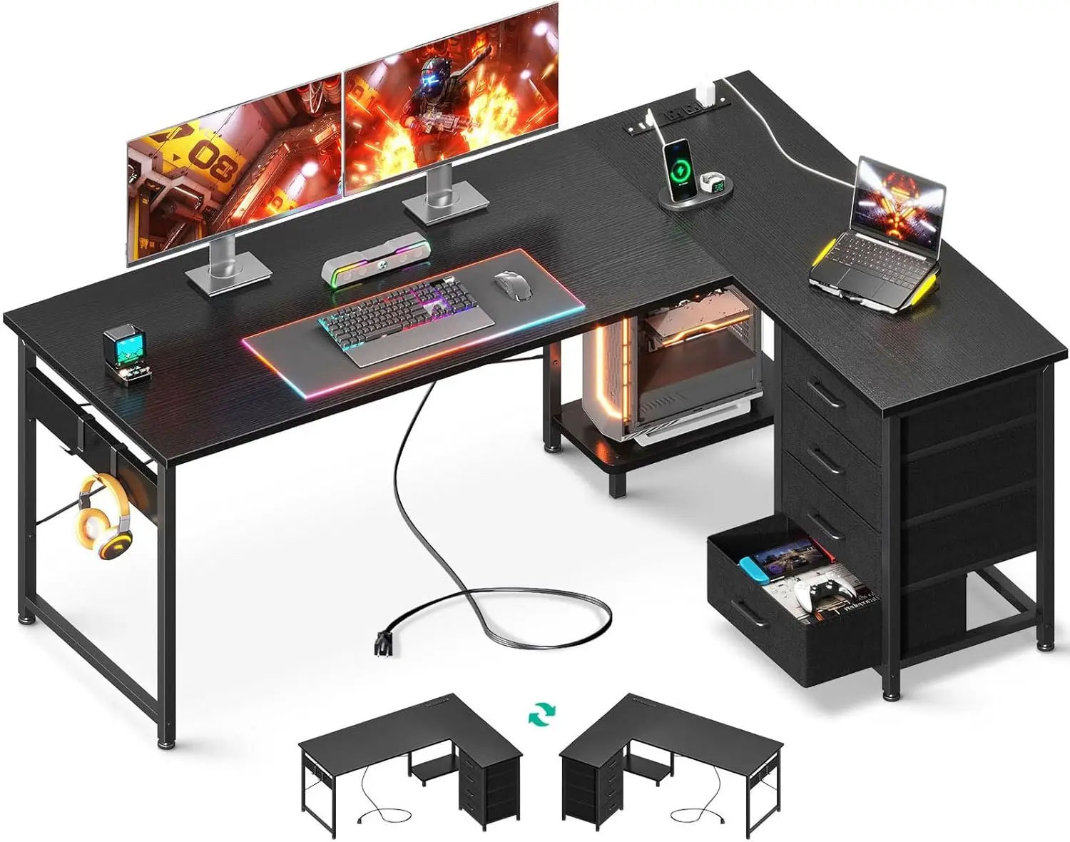 

Gaming Desk with 4 Drawers, 61" Reversible Home Office Desks with Power Outlets, L Shaped Computer Desk with USB Charging