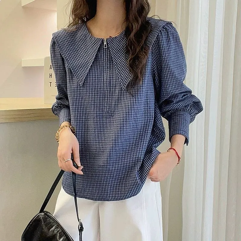 

Navy Collar Zipper Checkered Shirt For Women's Spring 2025 New Style Women's Fashion Loose Top
