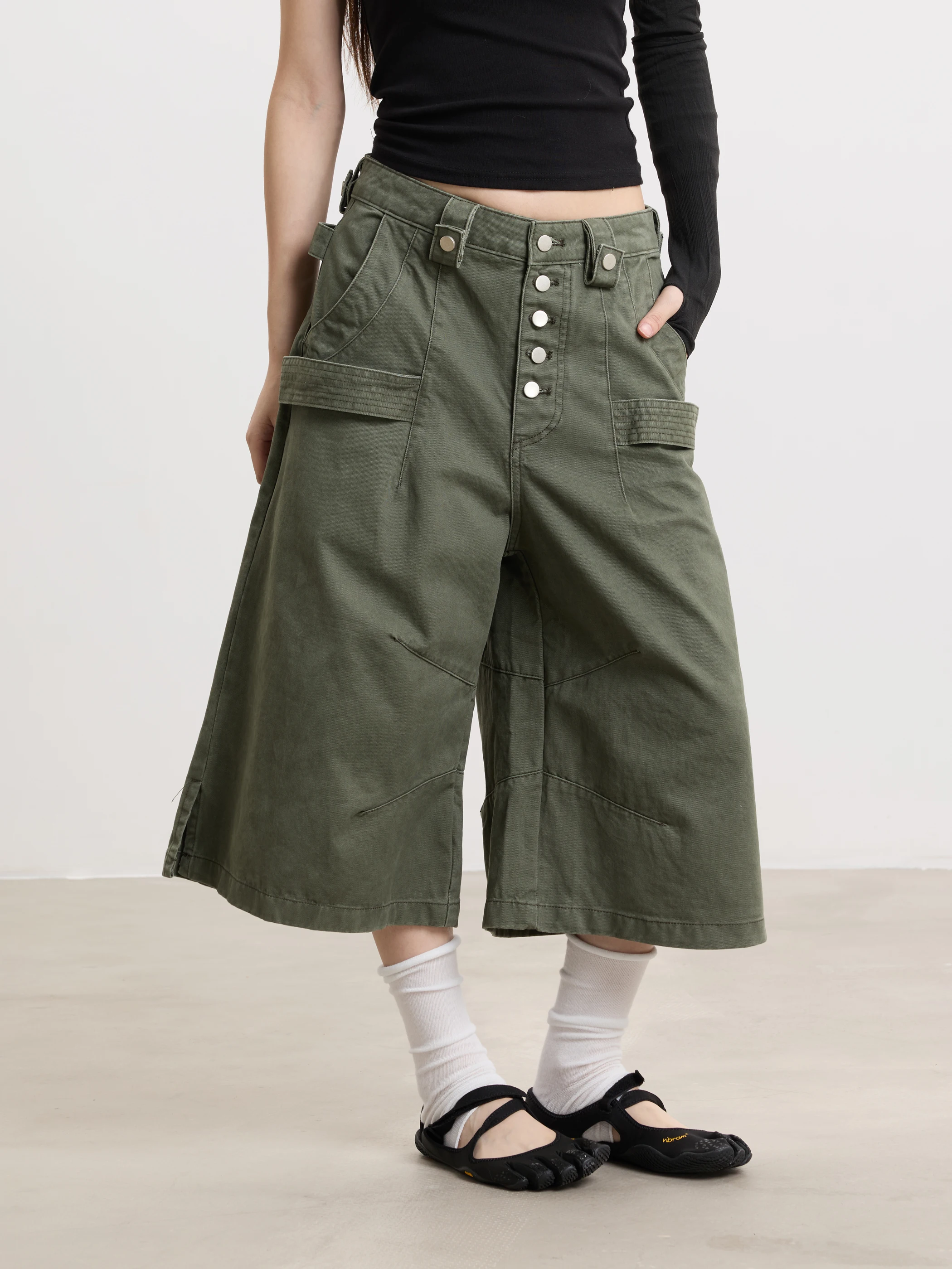 Yeboon American Style Workwear Loose Casual Shorts Seven-Foot Pants Retro Design Men's Green Military Color Women's mid Waist...