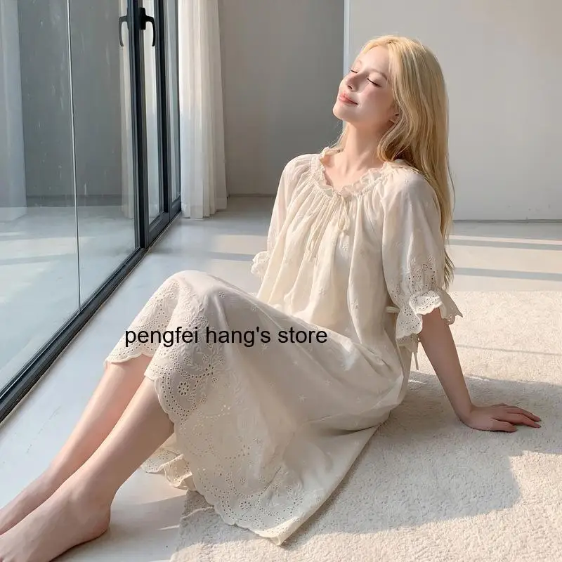 Summer French Palace Princess Cotton Nightgown Embroidery Short Sleeve Long Dress Women Elegant Home Loungewear