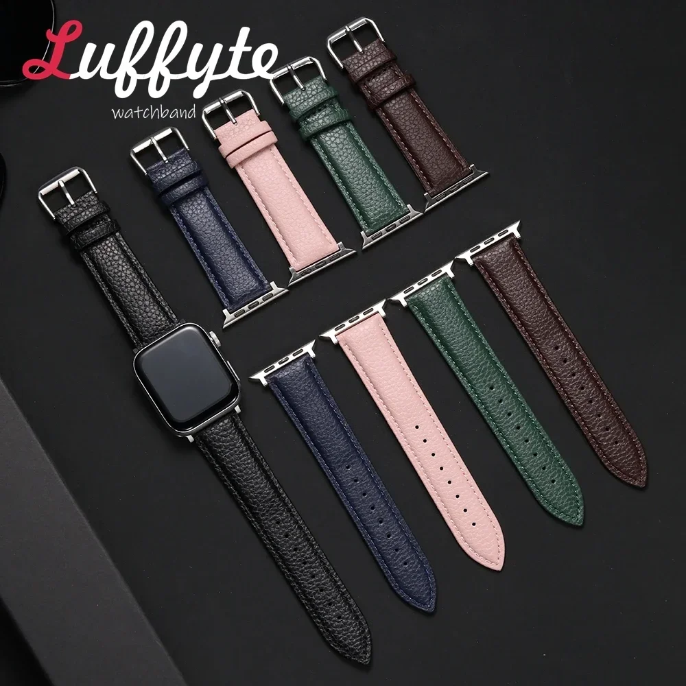 Lichee Pattern Leather Watch Straps for Apple Watch Band 49 46 45 44 42 41 40 38mm Bracelet for IWatch Series 1-10 SE Ultra 2