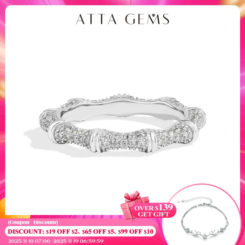 

ATTAGEMS Sparkling Moissanite Ring Bamboo Design 925 Sterling Silver Women Rings Peace Good Luck for Birthday Party Gift Jewelry