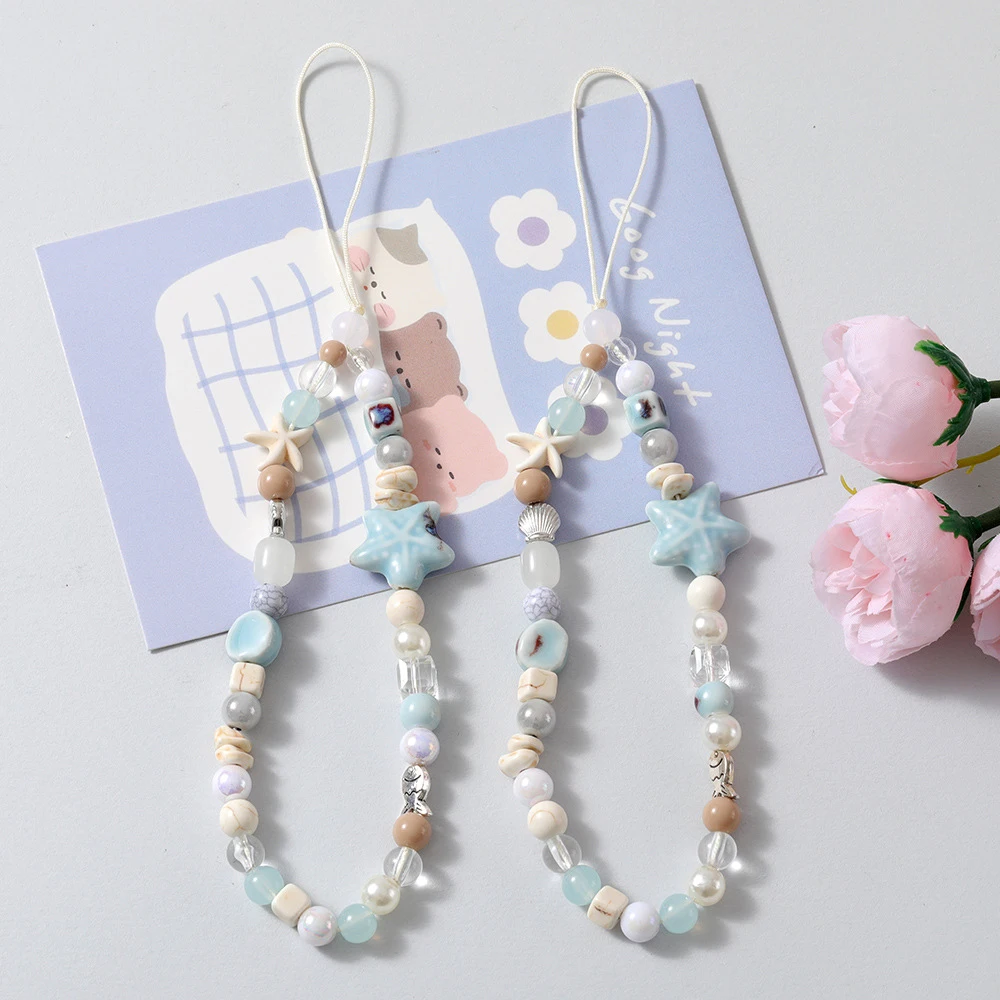 3D น่ารักเกาหลีปลาดาวสีฟ้าลูกปัด Charm Lanyard สําหรับ iPhone Samsung CCD Universal อุปกรณ์เสริมเครื่องประดับจี้