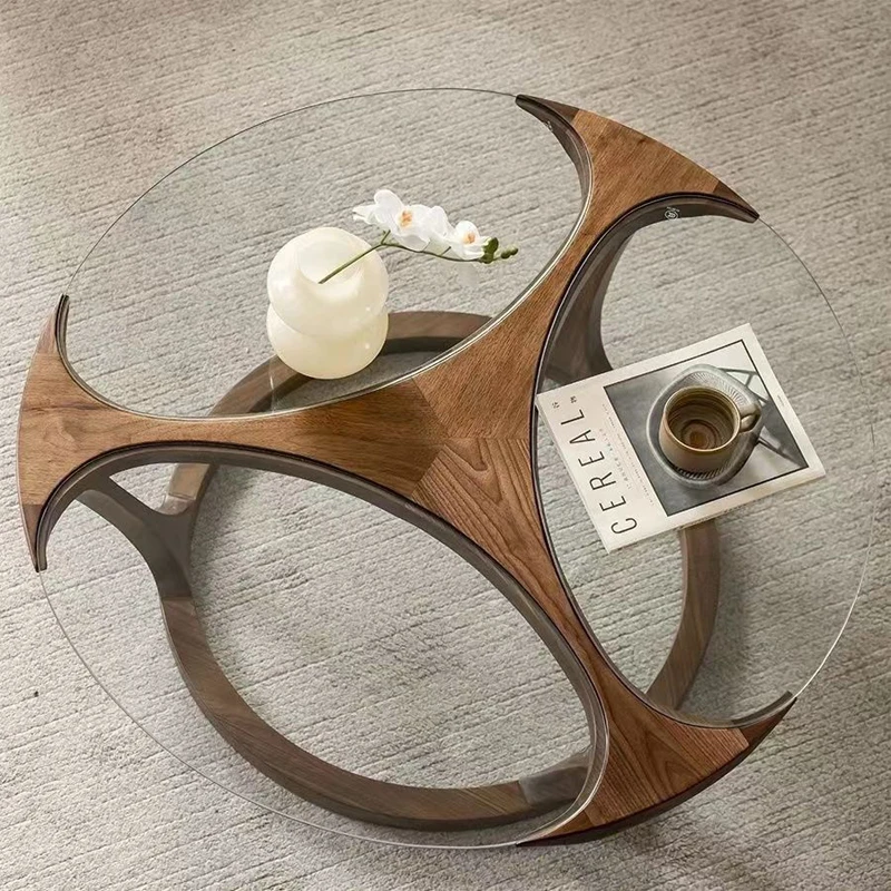 Black walnut glass coffee table for the opposite sex, minimalist living room, all solid wood round tea table, sofa side table