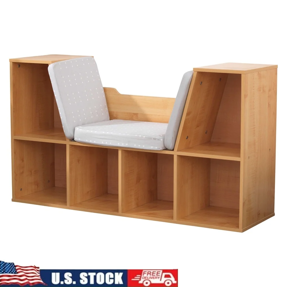 

Bookcase with Reading Nook 6 Shelves Comfortable Cushions Kids Storage Space Toys Books Playroom Furniture Natural Finish