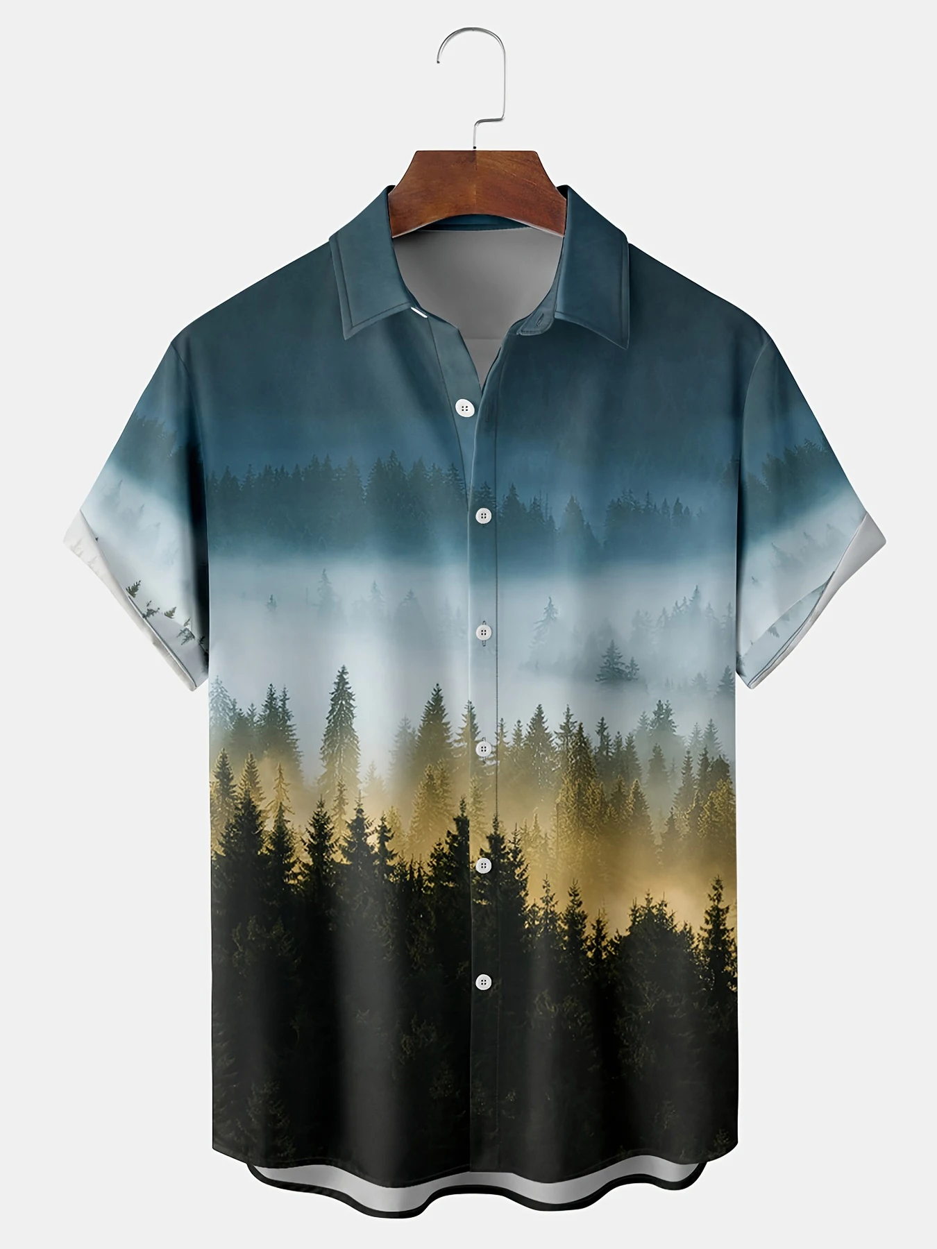 قميص رجالي هاواي بطباعة متدرجة من Midnight Forest كاجوال فضفاض لقضاء عطلة الشاطئ وأكمام قصيرة وخفيف الوزن من البوليستر بأزرار سفلية