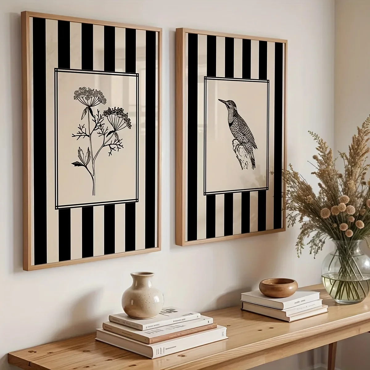 2pcs frameless Canvas Painting 2pcs Noframed Black Bird & Floral Wall Art Set - Minimalist Nature Line Drawing Prints Canvas Pos