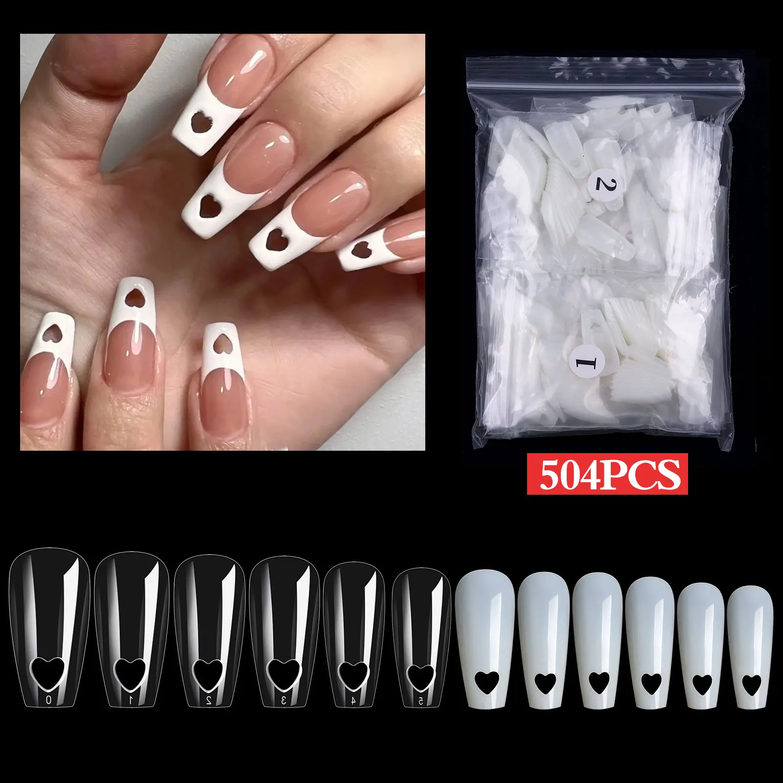 

Heart Hollowed-out False Nails Art Tips Display 504tips/bag with Hole Natural&Clear Practice UV Polish Board PatchManicure Tools