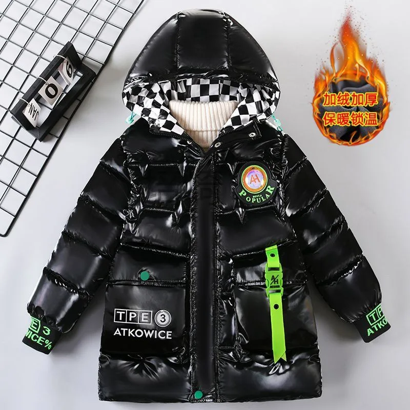 2024 Winter Kids Boys Downcoats Teenagers Glossy Velvet Thicken Medium Long Cotton down Jacket Children Letter Hooded Outerwear