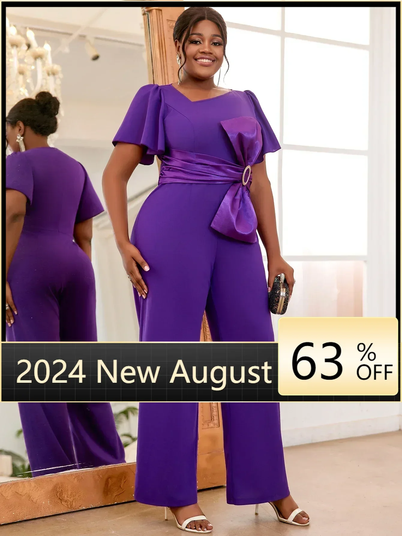 

Women Classy Purple Jumpsuit Asymmetrical Neck Ruffles Sleeves Patchwork Bow High Waist Straight Rompers Office Work Clothing