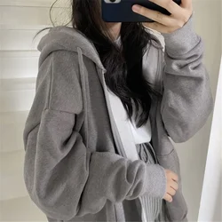 New Oversize Women Hoodies Casual Solid Zip Up Hooded Sweatshirt  Korean Loose Hoodie Thickening Plushing Jacket Coat