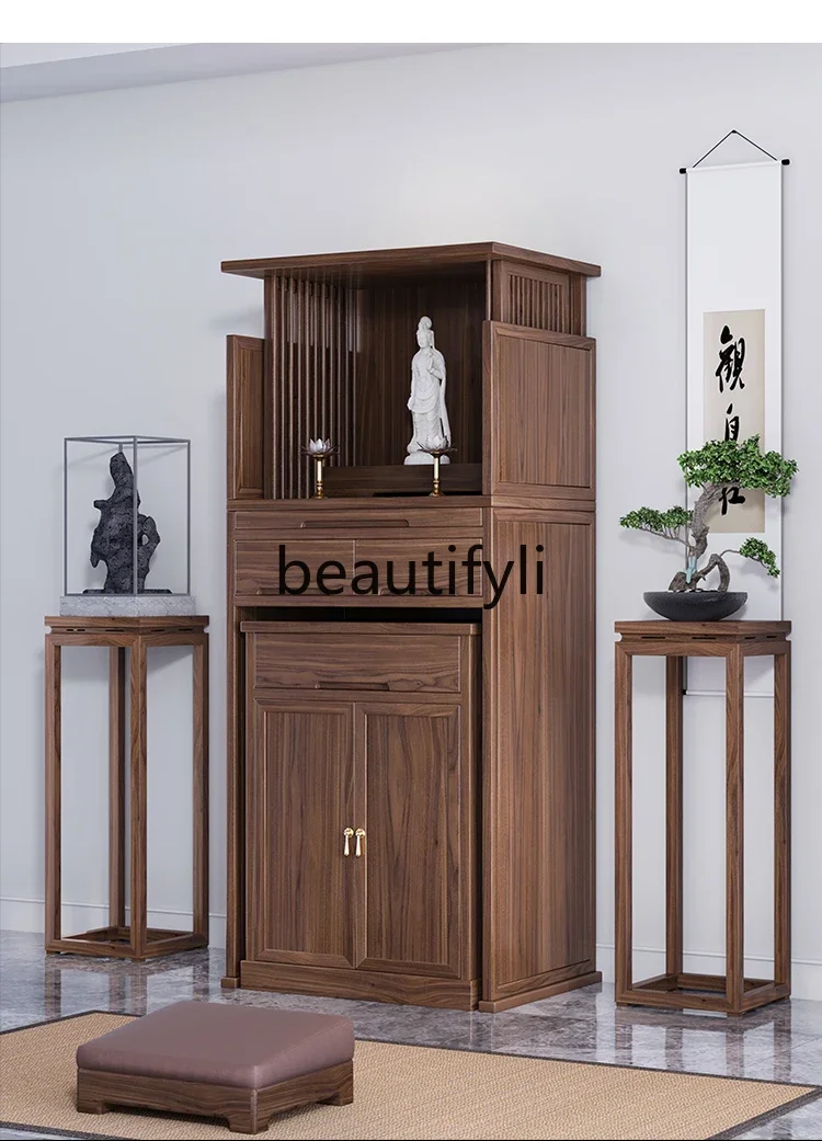 

ss C Buddhist shrine New Chinese vertical cabinet Hidden door Solid wood Modern Buddhist hall God of Wealth shrine