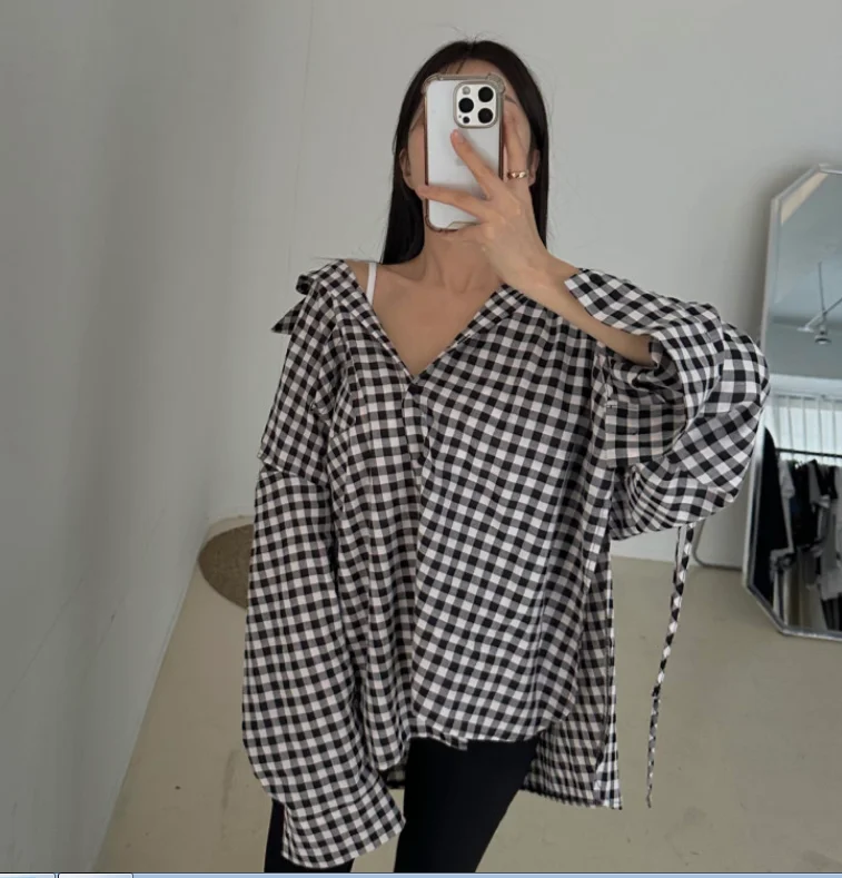 

Women's Plaid irt Loose Fit Vintage Turn-down Collar Long Sve Button Detail Korean Sle Commute Wind Side Slit Tie-dye