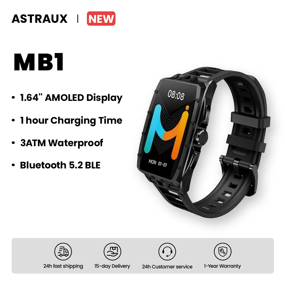

ASTRAUX MB1 Smart Watch 1.64" AMOLED Display with Tempered Glass Anti-Fingerprint Coating IP68 Bluetooth Call 3 ATM Waterproof