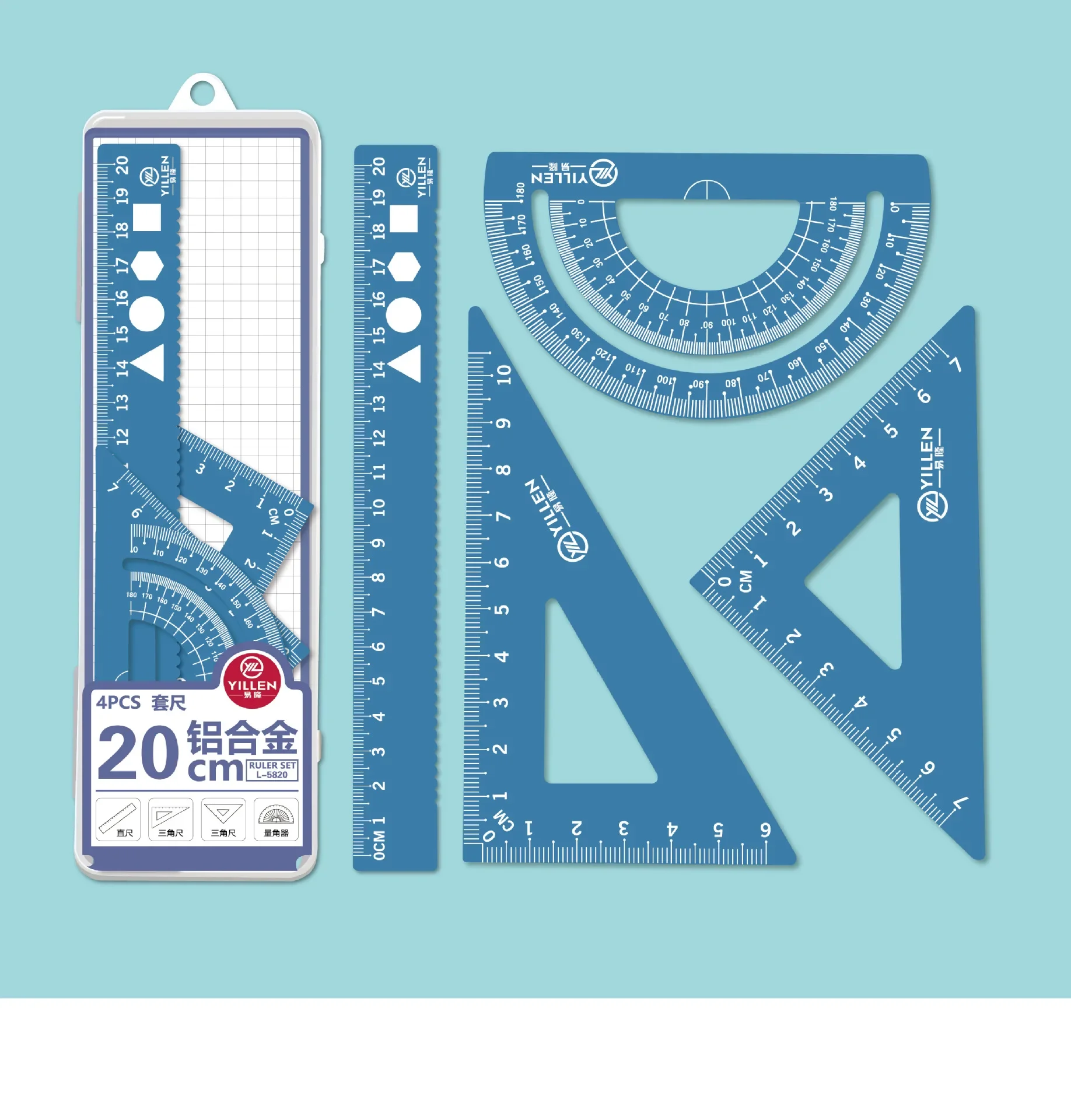 4Pcs/Set Aluminium Ruler Set Metal/Plastic/Soft Geometry Maths Drawing Compass Stationery Rulers Mathematical for School