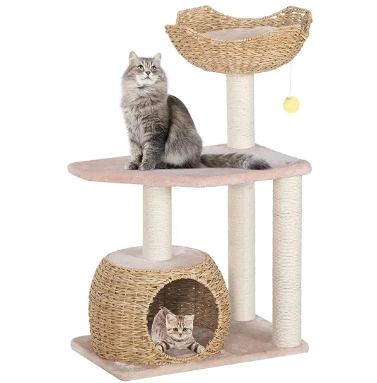 

Modern Multi-Level Boho Wood Cat Tree Towel With Natural Sisal Scratching Post And Basket Cat Condo With Hanging Toy Ball