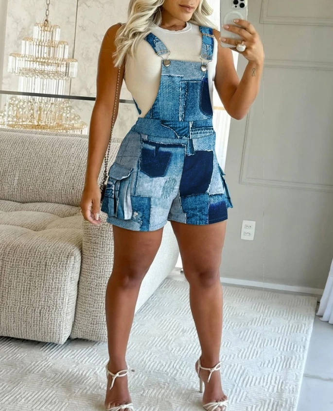 Women's Romper 2024 Spring/summer Latest Denim Look Print Pocket Design Asymmetric Necksleeve A Line Suspender Bodysuit Jumpsuit
