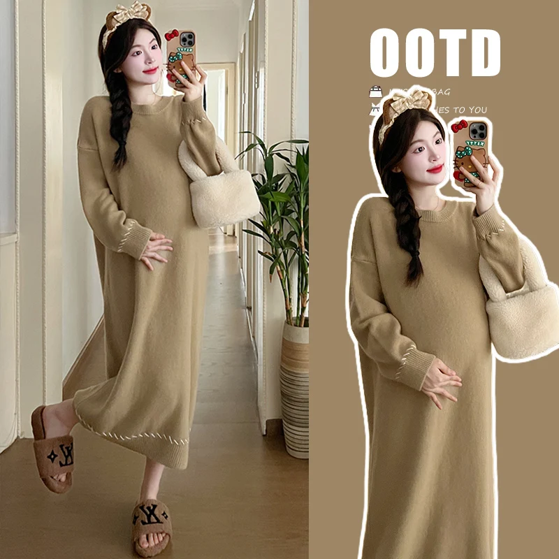 X68269# Pregnancy Dress Maxi Dress Plus Size Thicken Loose Women Korean Style Sweater Soft Knitted Women Pregnant Dresses