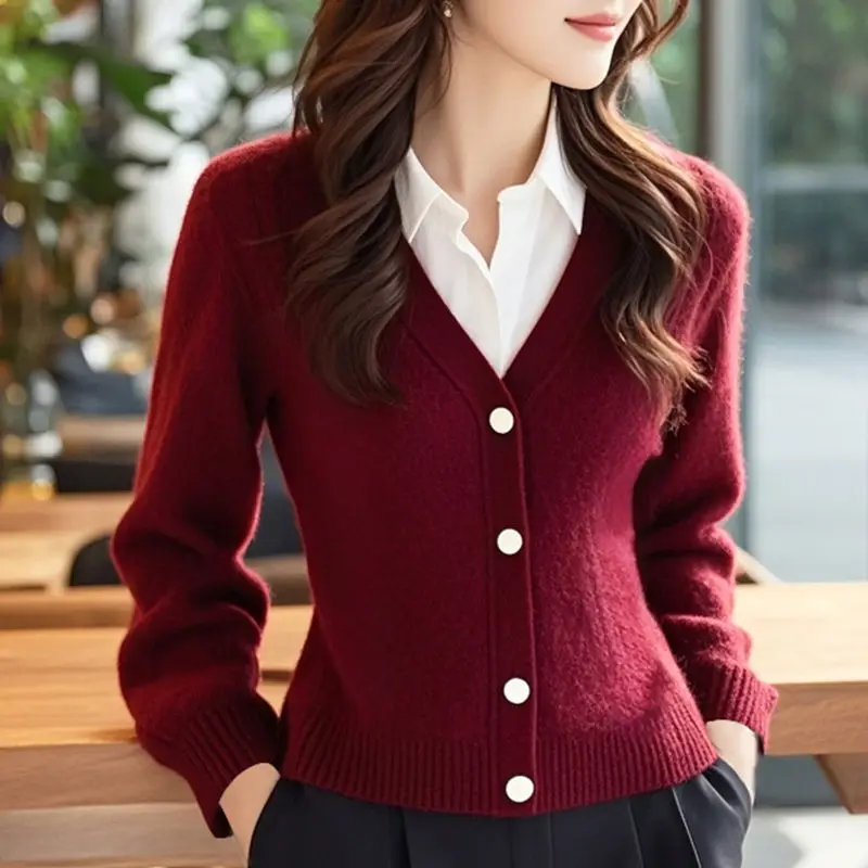 

Весенне-осенний искусственный свитер из двух предметов, женский отложной воротник, длинный рукав, пуговицы, лоскутный кардиган, винтажный элегантный универсальный топ