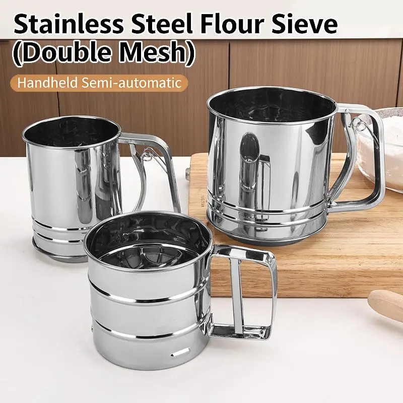 Stainless Steel Flour Sieve Cup Powder Sieve Mesh Kitchen Gadget For Cakes Hand-Screened Sugar Mesh Sieve Baking Sieve Strainer