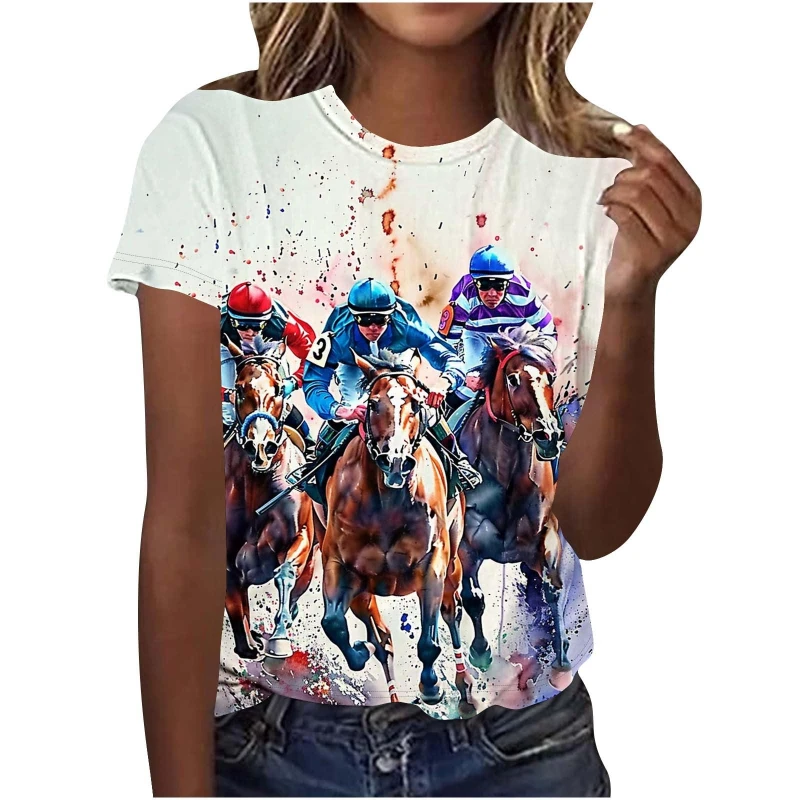 

New 3D Printed Horse Racing Pattern Men's Short Sleeve T-Shirt Personality Animal Horse Round Neck Summer Casual Women Clothing