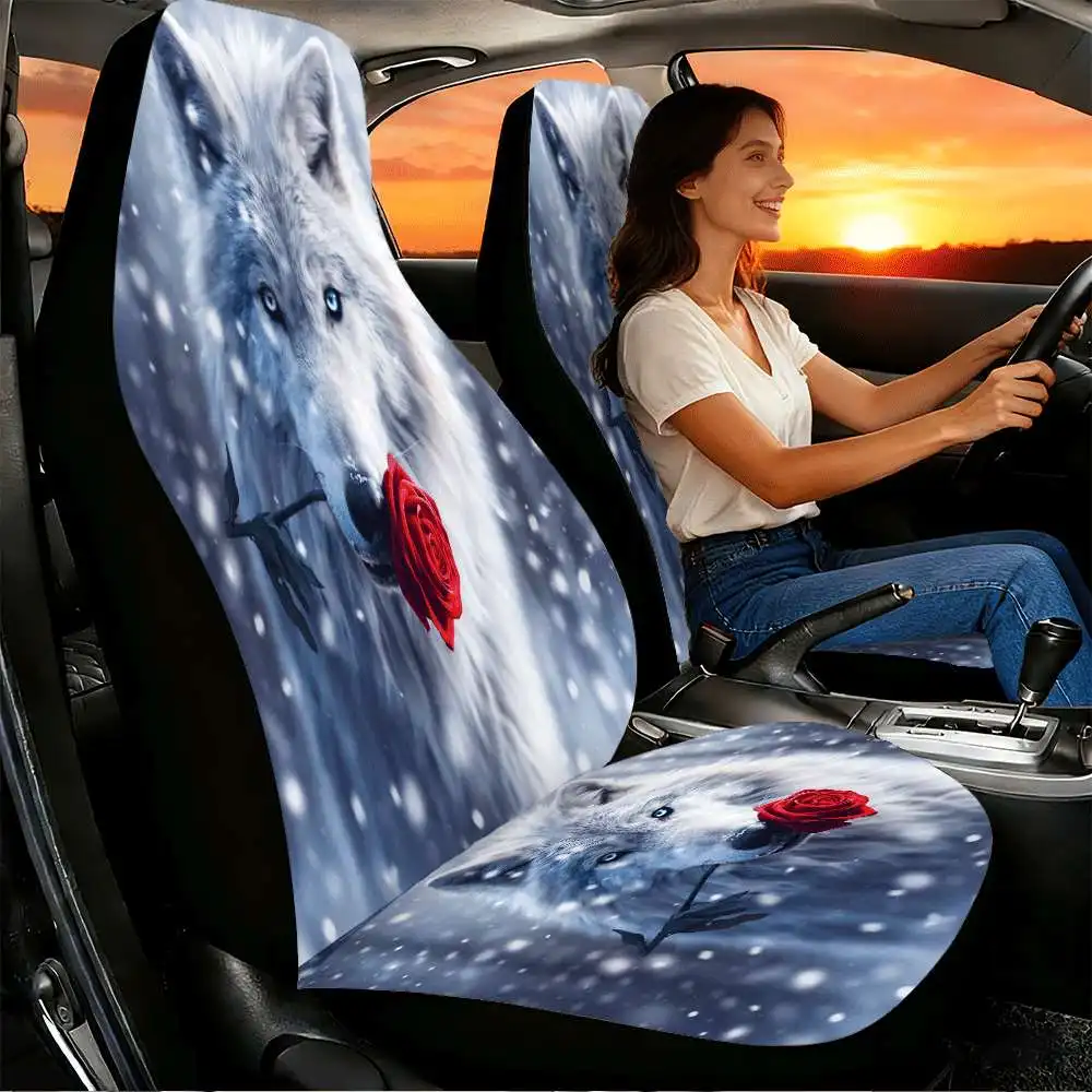 2pcs White Wolf With Red Rose Car Seat Covers Suitable For Front Seats, High Back Design, Material, Suitable For Cars, SUVs And