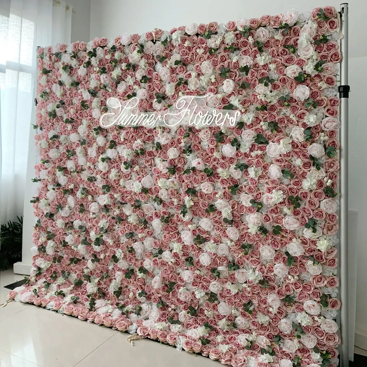 

Dried rose white hydrangea flower wall 3D Roll Up Curtain Cloth Flower Wall Outdoor Wedding Backdrop Decorations For Reception