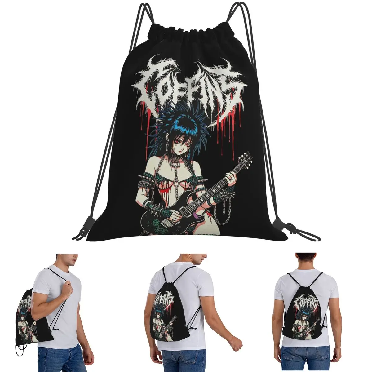 Sonic Carnage Heavy Metal Guitarist Anime Girl Backpacks Casual Drawstring Bundle Pocket Storage Bag Book Bags for Travel School