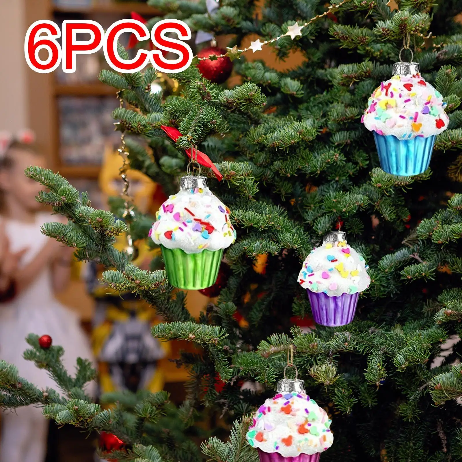 6x Cupcake Christmas Ornaments Christmas Tree Decorations Glass Xmas Pendant