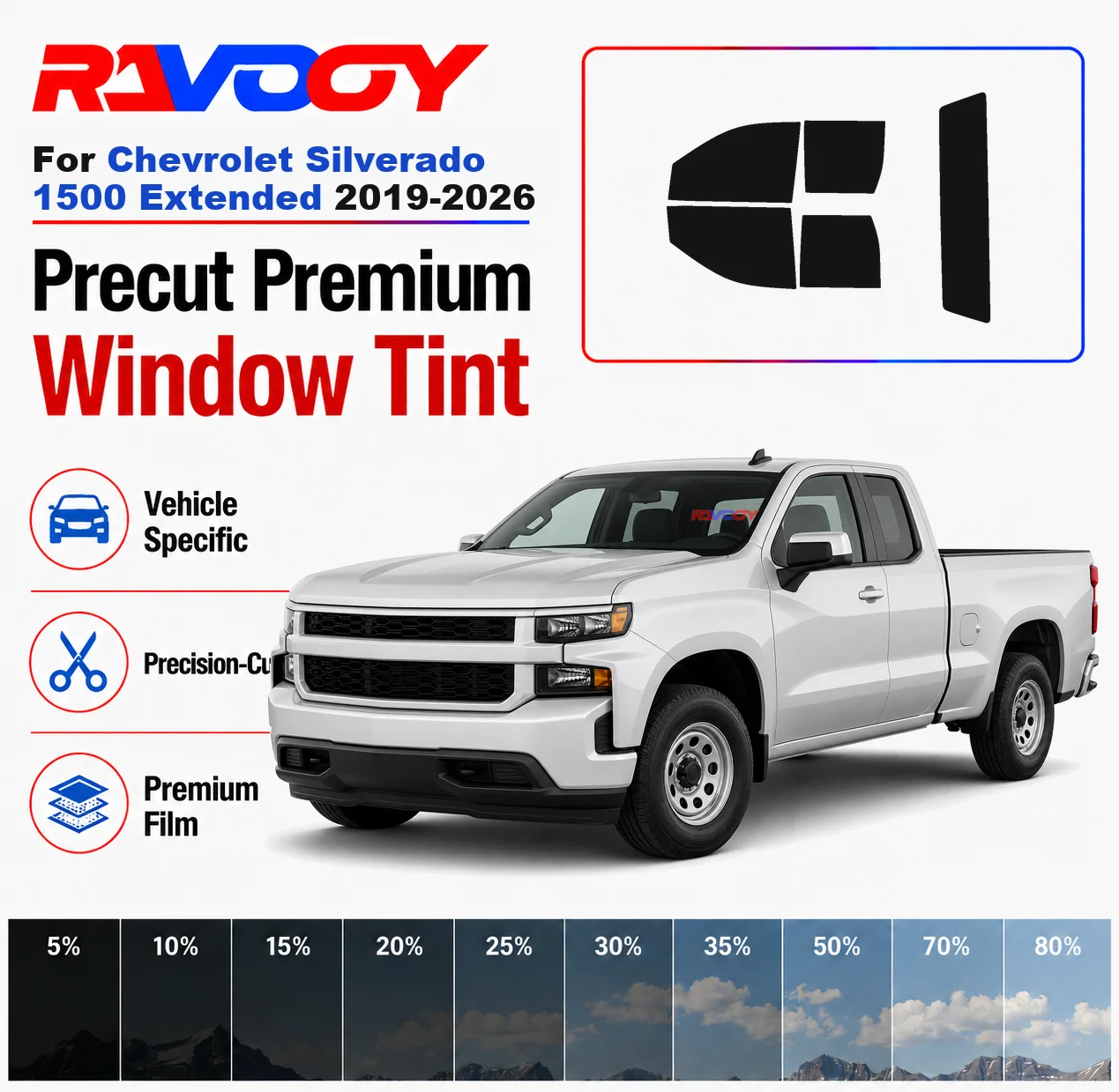 Kit de teinte pour vitres pré-découpées de qualité supérieure, pour vitres avant et arrière, pour Chevrolet Silverado 1500 Extended 2019-2026, ensemble complet, film nano-céramique