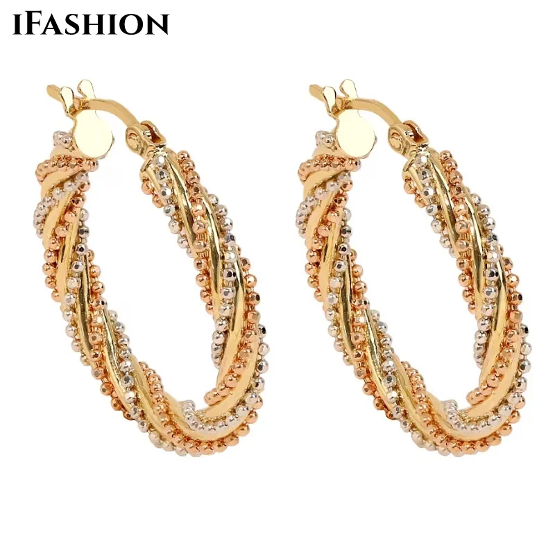 

IFASHION Real 18K Gold Hoop Earrings For Women Pure AU750 Tricolor Luxur Golden Ball Organization Vintage Ear Accessories Lady