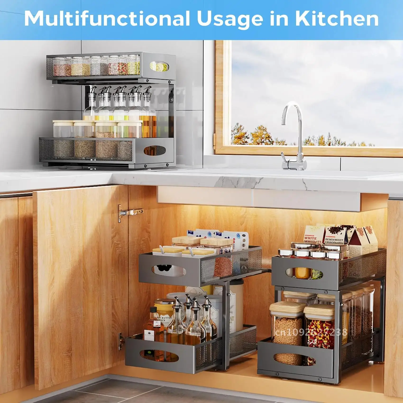 Under Sink Organizers and Storage, Adjustable 2 Tier Kitchen, Metal Cabinet out Bathroom, Organizer for Pull Pantry