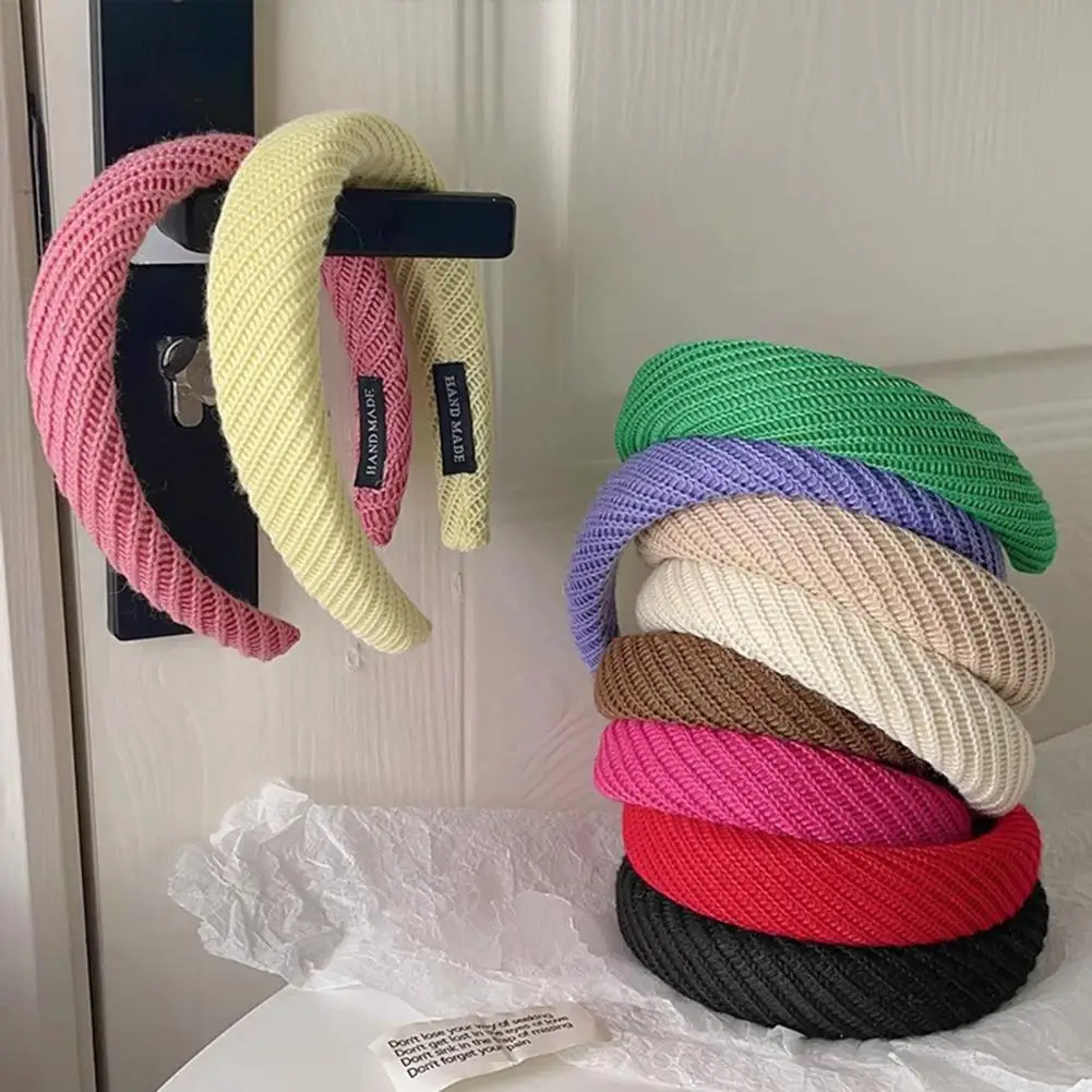 Women Headband Wide Brim Anti-Slip Waffle Sponge Filling Handmade Knitting Hair Hoop Autumn Winter Hair Accessory 97