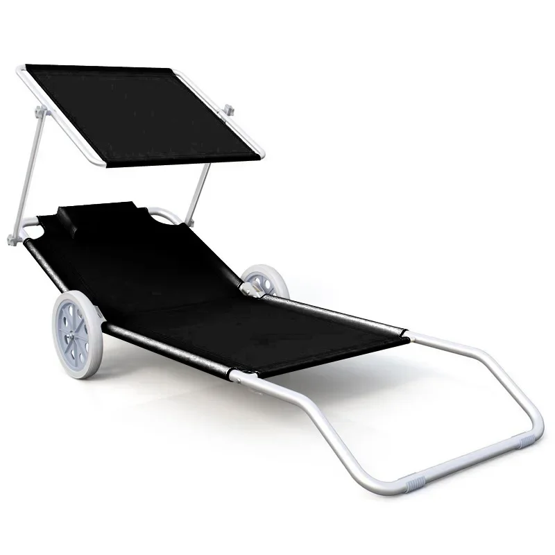Folding simple modern beach chair with wheels, sun lounger